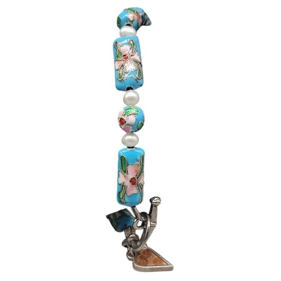 Blue Cloisonne & Faux Pearl Bead Bracelet Dangling Heart Charm 7.5 Toggle Close - Picture 12 of 14